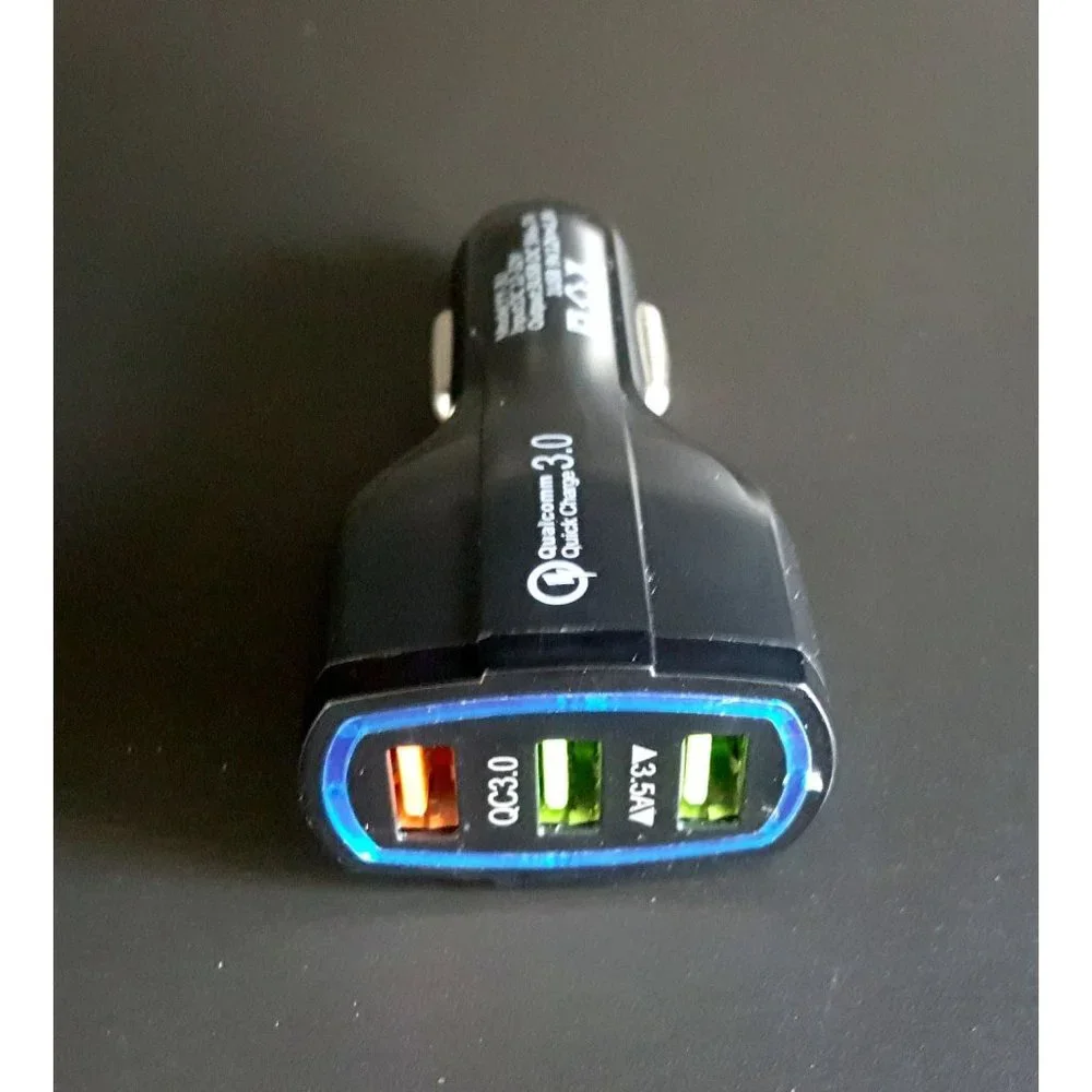3 LED Port Black Car Charger compatible with all iPhones, Samsung